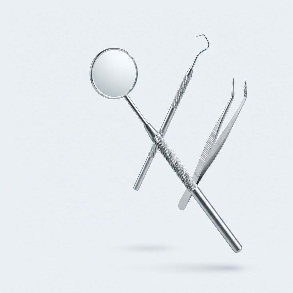 Composición ilustrativa de un espejo intraoral, explorador y pinza odontológica de acero